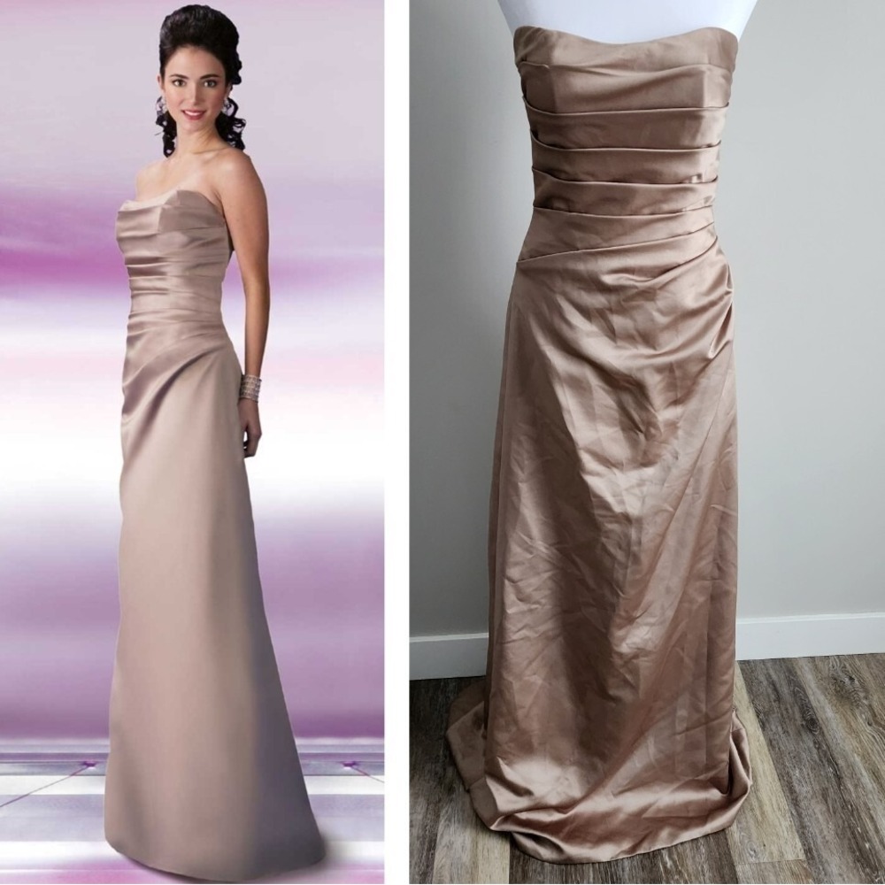 DaVinci Strapless Satin Evening Gown in Taupe